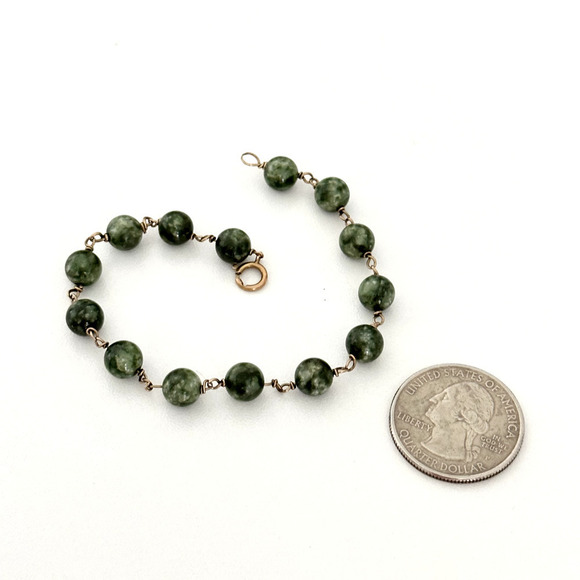 Vintage 14K Solid Yellow Gold Genuine Nephrite Jade Bead Ball Bracelet 6.75" - Picture 8 of 13
